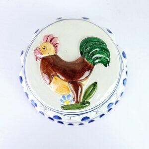Vintage Bassano with Rooster Design, Blue & White Floral Ceramic Wall Hanging